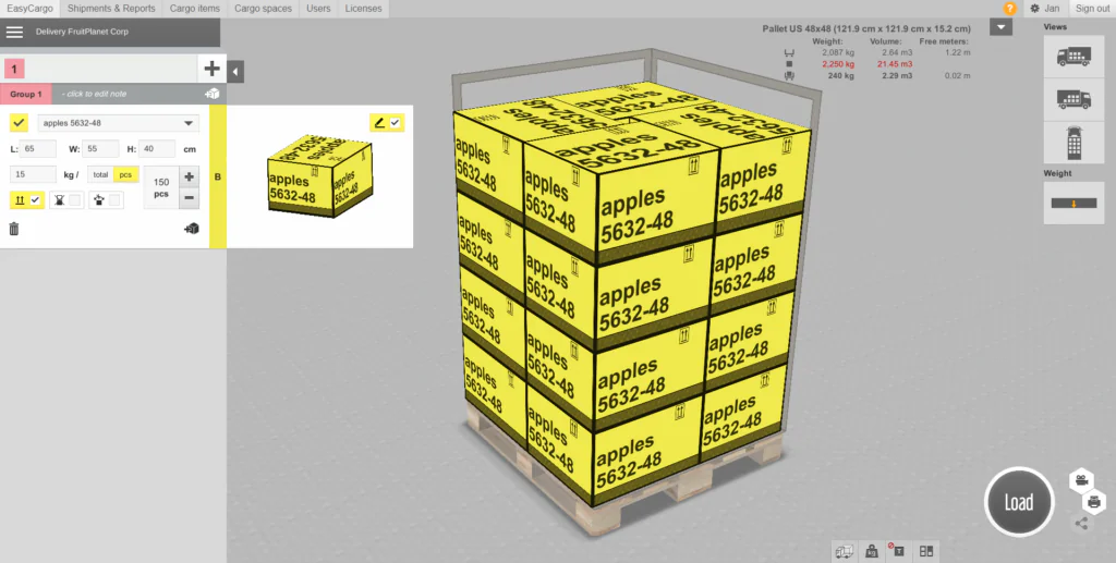 Vizualizarea 3D a unui plan de încărcare pe o semiremorcă în EasyCargo