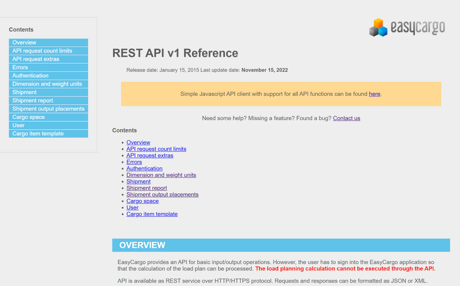 API documentation in EasyCargo truck loading software