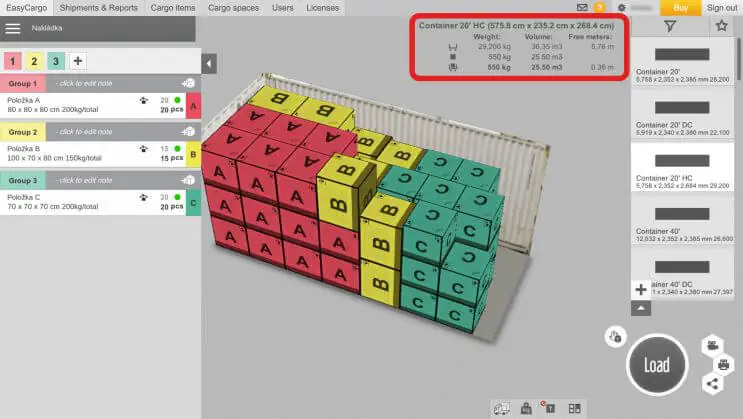 Container weight volume