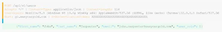 API request in ReqBin showing how to set up a user in EasyCargo