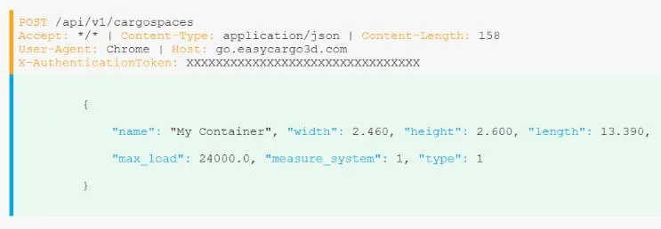 API request in ReqBin showing how to define cargo spaces for cargo optimization in EasyCargo