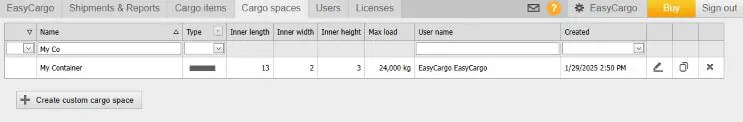 How does a cargo space created via API request look like in EasyCargo software