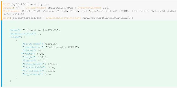 API request in ReqBin showing how to manage items to be loaded and optimized for shipping in EasyCargo