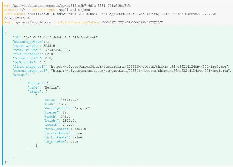 API request in ReqBin showing how to create a loading plan report of optimized shipment in EasyCargo