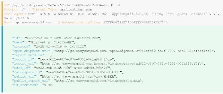 API request in ReqBin showing how to create a public link of optimized shipment in EasyCargo